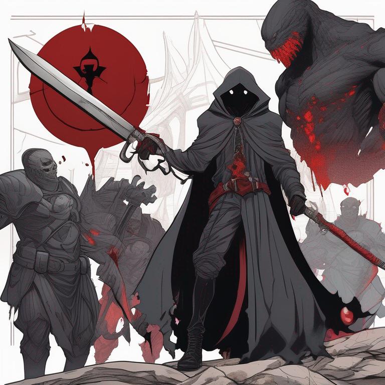 مردی سیاه و ترسناک با لباس سیاه ذغالی با شنل پاره پاره سیاه وزره نیم خراب و چشم های قرمز و خونین و کمی زخم در حال چنگ خونین با چند هیولا تاریکی در بیا بان0