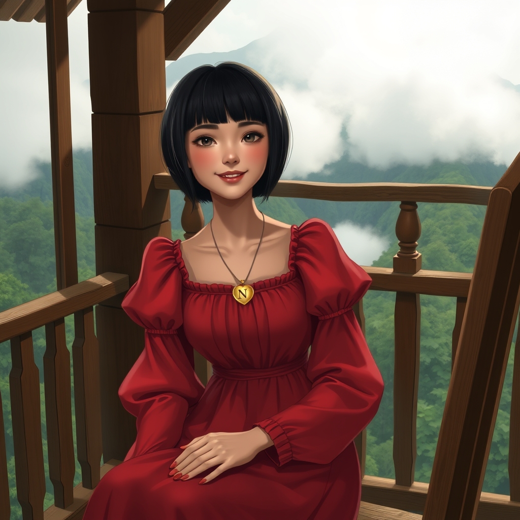 دختری که موهای کوتاهی دارد و دور سرش است وتا پایین گوشش لب های قرمزی دارد و لبخند زده گونه هایش سرخ است در یک ایوان که از پشت نرده های چوبی اش منظره سرسبز کوه ها پیدا است و مِه زیادی است روی یک صندلی چوبی نشسته او پیراهن قرمزی پوشیده که آستین هایش پوف دارد و با چین هایی تزیین شده او کتاب میخواند و گردنبندی با آویز قلب دارد که روی آن نوشتهN10