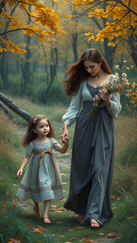 یک مادر و دختر در طبیعت پاییزی که دست هم رو گرفتن و دست مادر شاخه گل دارد16