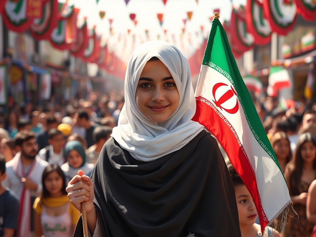 تصویری از یه دختر با حجاب و چادری ایرانی خلق کن که روسری اون سفید و چادر آن سیاه باشد و پرچم ایران دست او باشد در مهمونی ۱۰ کیلومتری غدیر در ایران 5
