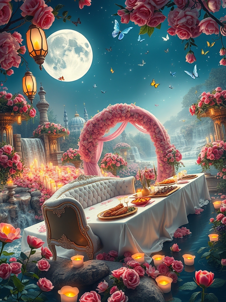 شب مهتابی درخشان پر ستاره پر پروانه درخشان
باغ زیبای بزرگ و افسانه ای پر رز لاله لی لی یم اطلسی شب بو مریم کوکب یاس نرگس نسترن  سرتاپای باغ با گلها پوشیده شده 
آبشاران جاری اند
شمعدان های بزرگ طلا پر شمع روشن
هزاران شمع گوشه کنار 
رودها به هم می ریزند
زیر طاق گل صورتی 
یک کاناپه سفید و طلایی دراز پر شده با گلبرگ
 و میز مجلل شام 
پر نان مرغ بریان کباب باقلوا  میوه سیب انار انگور11