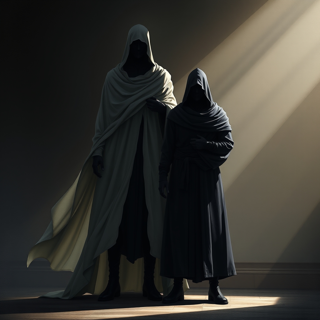 دو مرد با قد های متفاوت کنار هم یکی لباس سفید پوشیده با چهره ای پنهان و دیگری لباس سیاه پوشیده با صورت پوشیده او قاتلی تاریک است آنها در یک اطاق با نور کم ایستاده اند 17