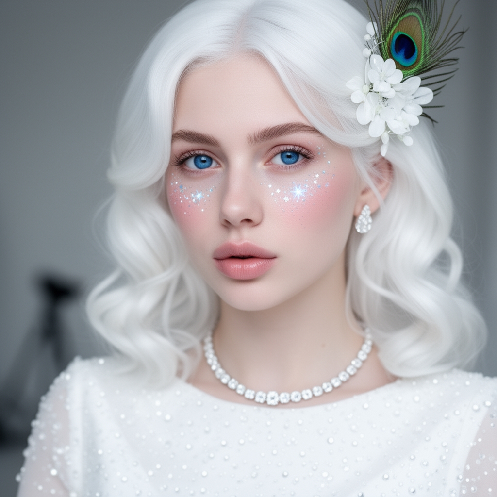 یه دختر با موهی سفید و لباسایی سفید با الماس های ریز م سفید که دختر به سنجاق سر سفید با گل های سفید و پر قو داره و دختر موهای چتری و موج دار داره و چشای آبی که توش پر ستاره های زیباست و دختر لبای سورتی و گونه سورتی و موژه سفید داره و پوست سفید 
و سندلای پاشنه بلند با پر قو و سفید و گوشواره و گردن بند با الماس سفید ریز و زیبا 11