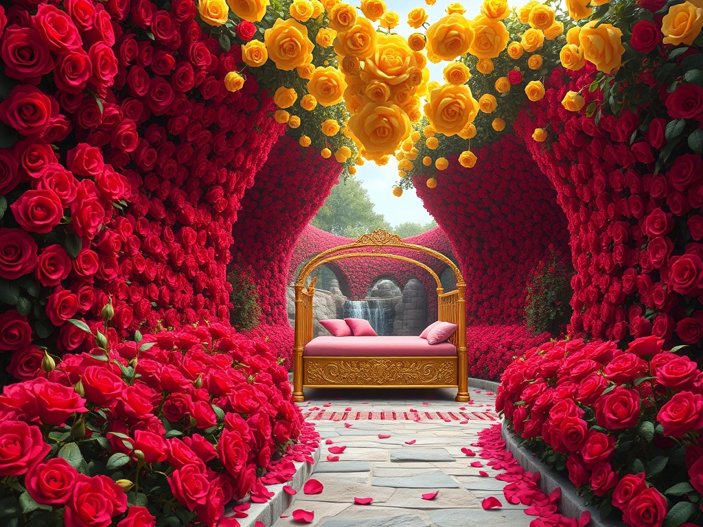 در باغی پر گل سرخ 
در و دیوار بلند آن پوشیده از گل سرخ 
زمین پر گل 
وسط باغ 
تونل مسقف از گل سرخ 
گوشه کنار رود آبشار جاری ست 
یک تخت خواب قرون وسطایی طلایی با کوسن صورتی و به گلای سرخ پر از ستاره‌های زرد در آن باشد0