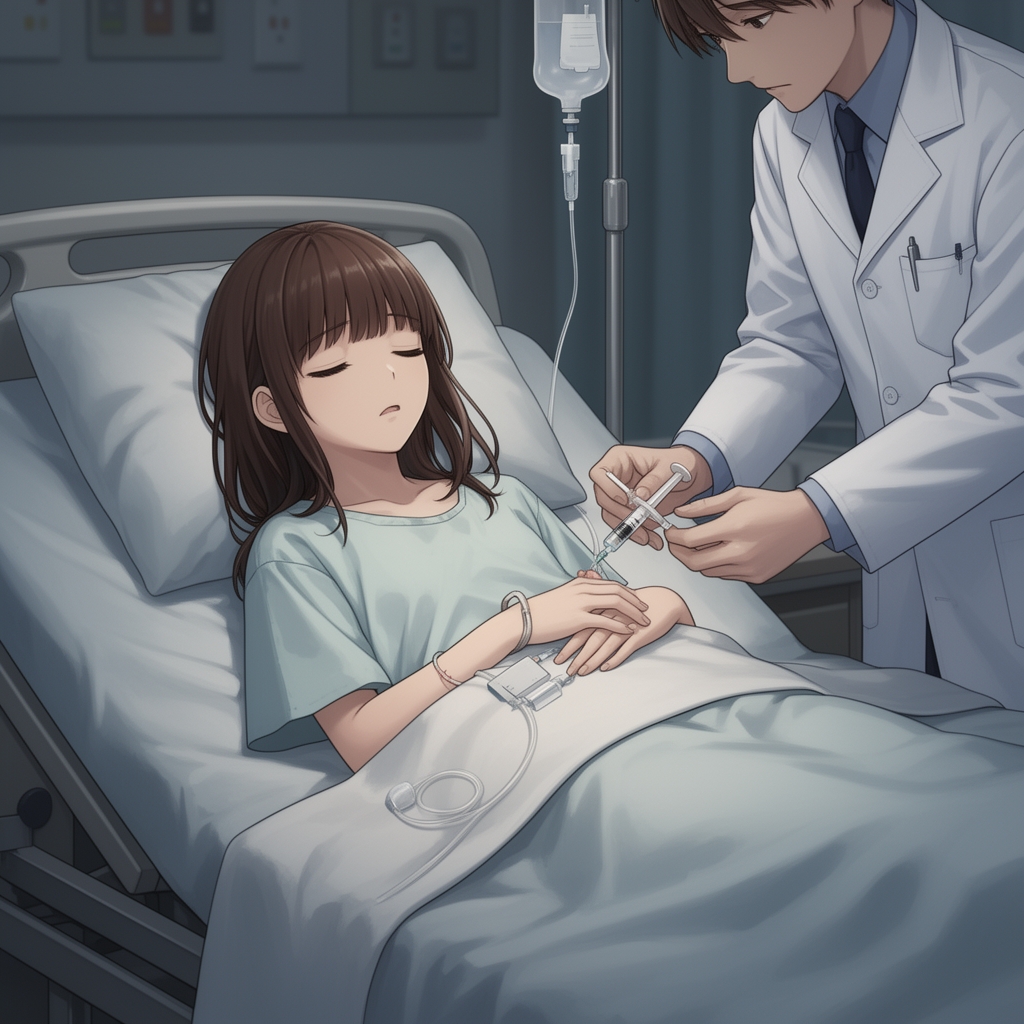 دختر ۱۲ ساله با موهای قهوه‌ای و چشمانی سیاه ر تخت بیمارستان خوابیده و دست‌هایش سرم است  چشم‌هایش بسته است و دکتر دارد به او آمپول می‌زند و او زیباترین دختر دنیا است که در تخت خوابیده است  صحنه خیلی دلخراش و غمگینی برایم بساز5