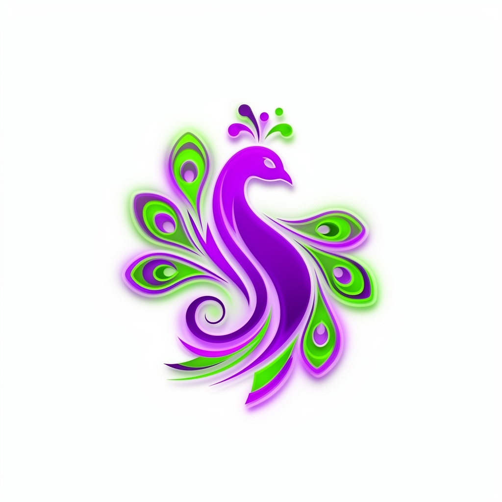 Colorful vector logo in the shape of a peacock bird, designed with soft curved lines, purple and green gradients, simple white background.9