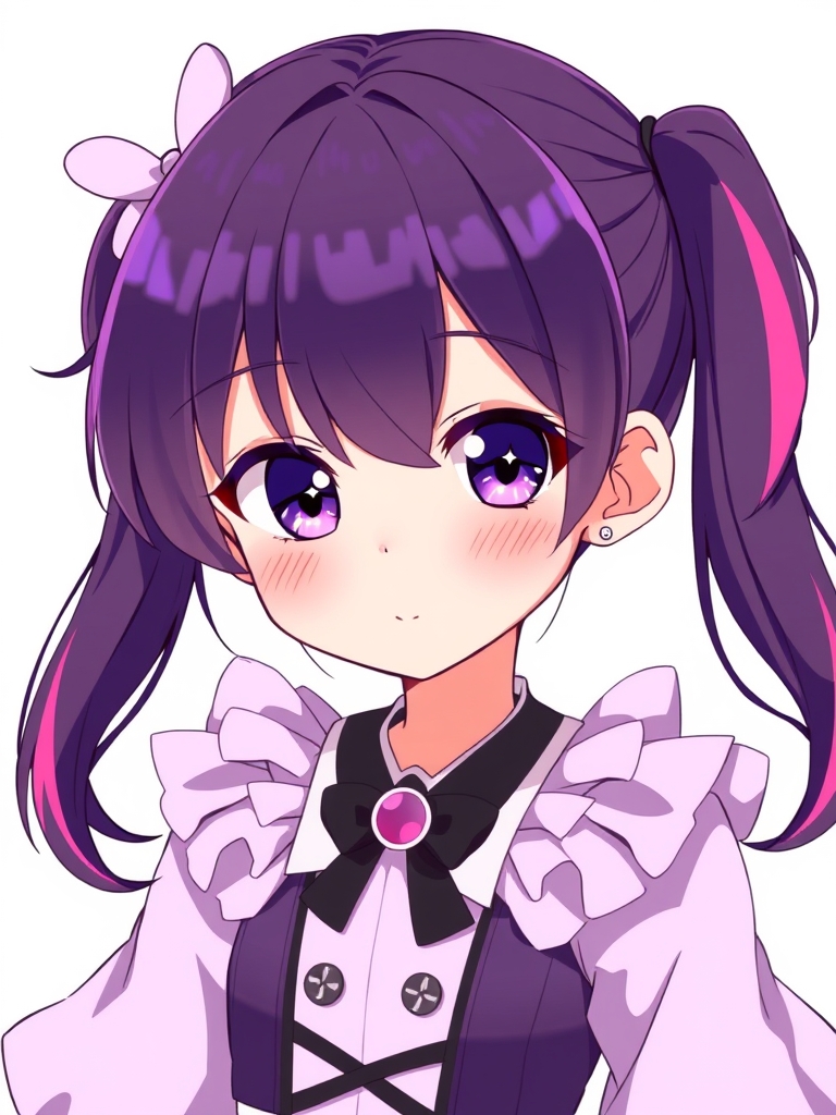 عکس یه دختر 12 ساله که موهاش بنفش تیره هست و بخش هایی از موهاش صورتی. اون لباس پفی خیلی قشنگ به رنگ های بنفش،مشکی و سفید پوشیده . چشماش مثل کهکشان زیبا هست و توی هر دو چشمش یه ستاره دیده میشه . رنگ چشماش بنفشه و یه گیره خرگوشی روی موهاش هست12