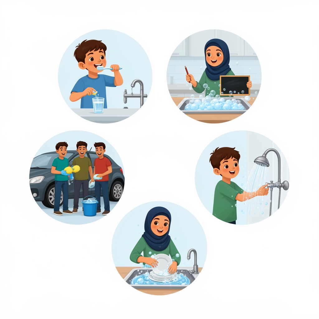 میخوام پوستر باشه که انواع مختلف صرفه جویی در مصرف آب باشه)چهر دایره باشه اولین دایره عکس یه پسر بچه که داره مسواک میزنه و در لیوان آب ریخته و شیر را بسته و خوشحال است دومین دایره عکس سه مرد که داره ماشین خود را میشوره و آب را داخل سطل ریخته و خوشحال است عکس یه پسر بچه است که دارد حمام میکند دیگری دایره عکس یه مادر باحجاب که داره ظرف های خانه را میشویه و سینک را پر آب و کف کرده و بالای تصویر سمت راسته یه دختر بچه با حجاب باشه که در دست او تخته شاسی و مداد است و خوشحال است و دادرد در آن چیزی مینو5