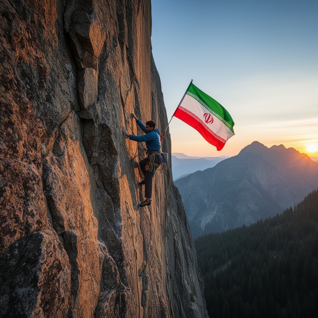 یک ورزشکار سنگ نورد در محیط زیبای کوهستان در حال صعود از یک جای خطرناک با پرچم 🇮🇷23