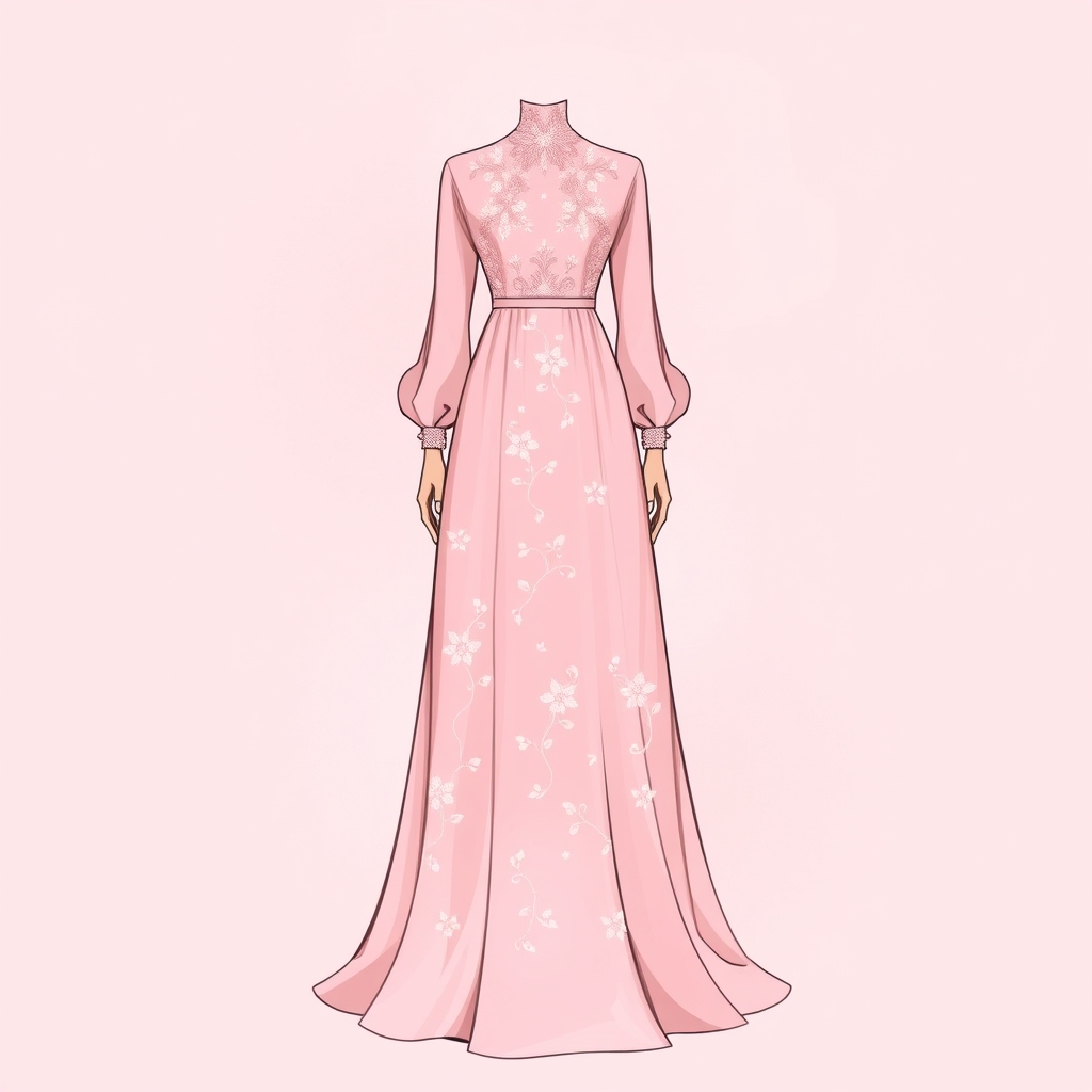 یه لباس مجلسی به رنگ صورتی پاستیلی  که دور و برش یه خیاطی گل گلیه 1