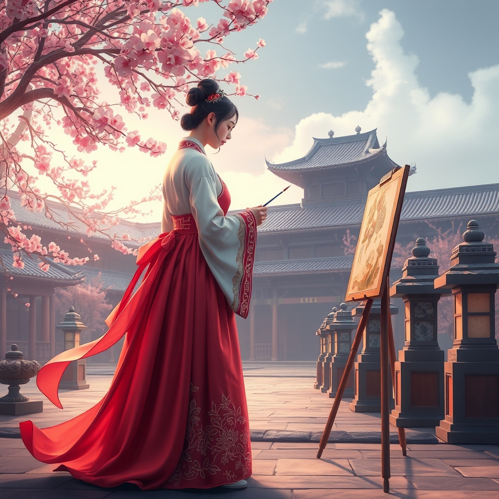 دختر نقاش کرە با لباس هانبوک کرە ای بسیار زیبا در محوطه قصر که نقاشی میکشم6