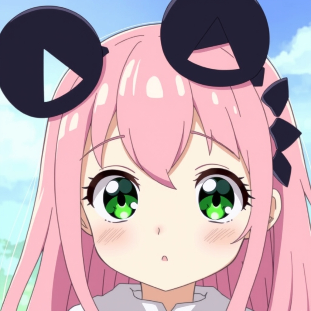 دختری پنج ساله با موهای صورتی بلند و چشمان بزرگ سبز و دو گیره موی مثلثی سیاه که شبیه به شاخ است. 6