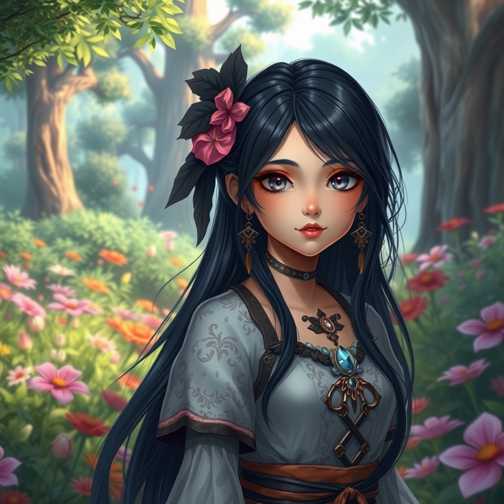 دختر روستایی بسیار زیبا با موهای مشکی و لباس زیبا در باغ 16