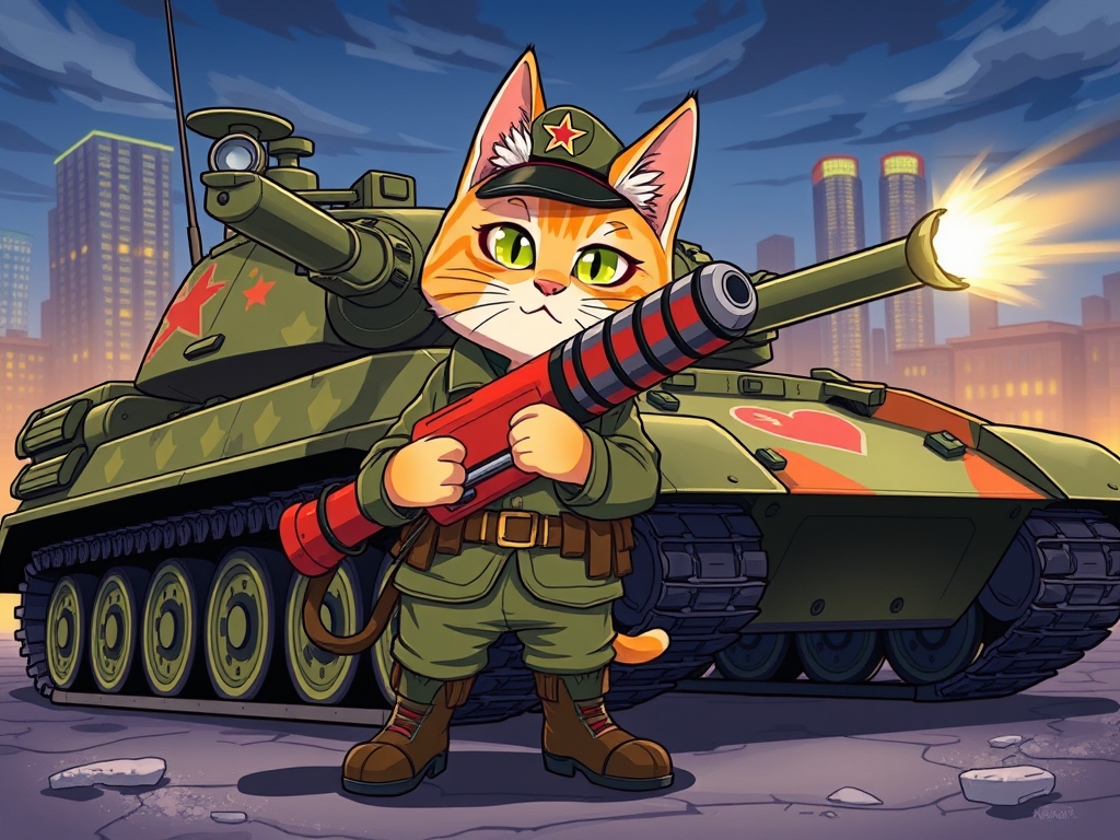 یه گربه با یک کاتیوشا در دست کنار یک تانک16