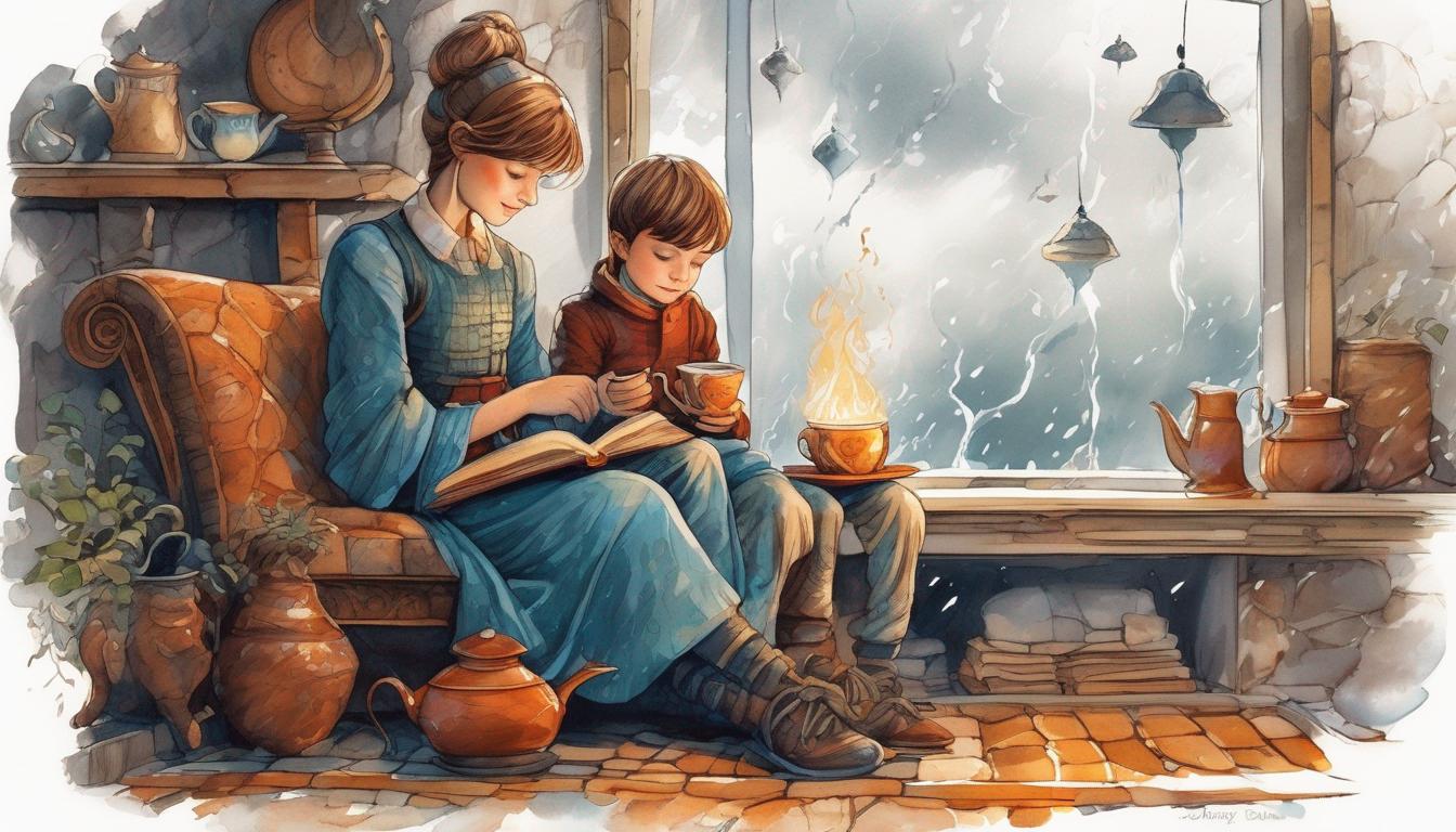 پسری ۱۲ ساله در آغوش مادرش کنار شومینه و در حال دمنوش خوردن و تماشای بارون20