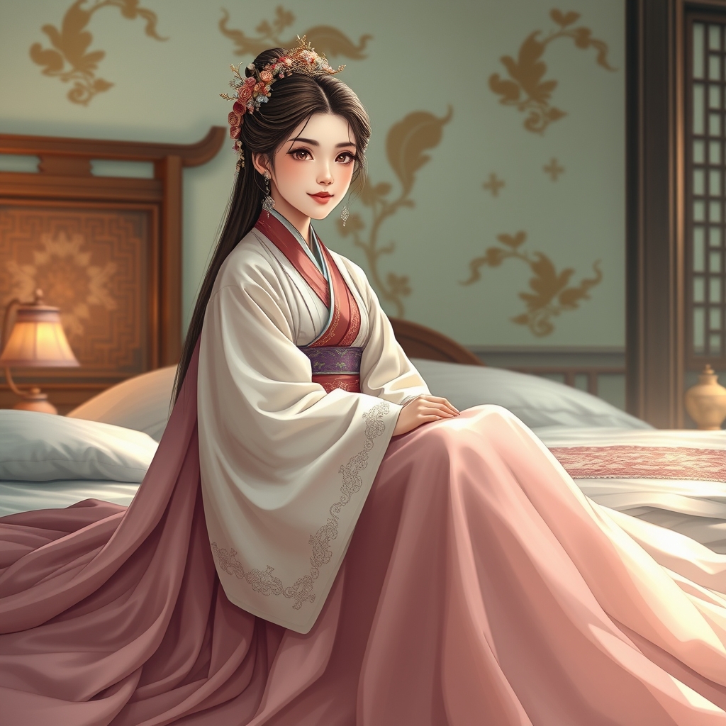 دختر شاهزاده کره ای لپ قرمز و چشم سیاه و مو قهوه ای که با لباس بسیار بلند و زیبا روی تخت خود نشسته 23