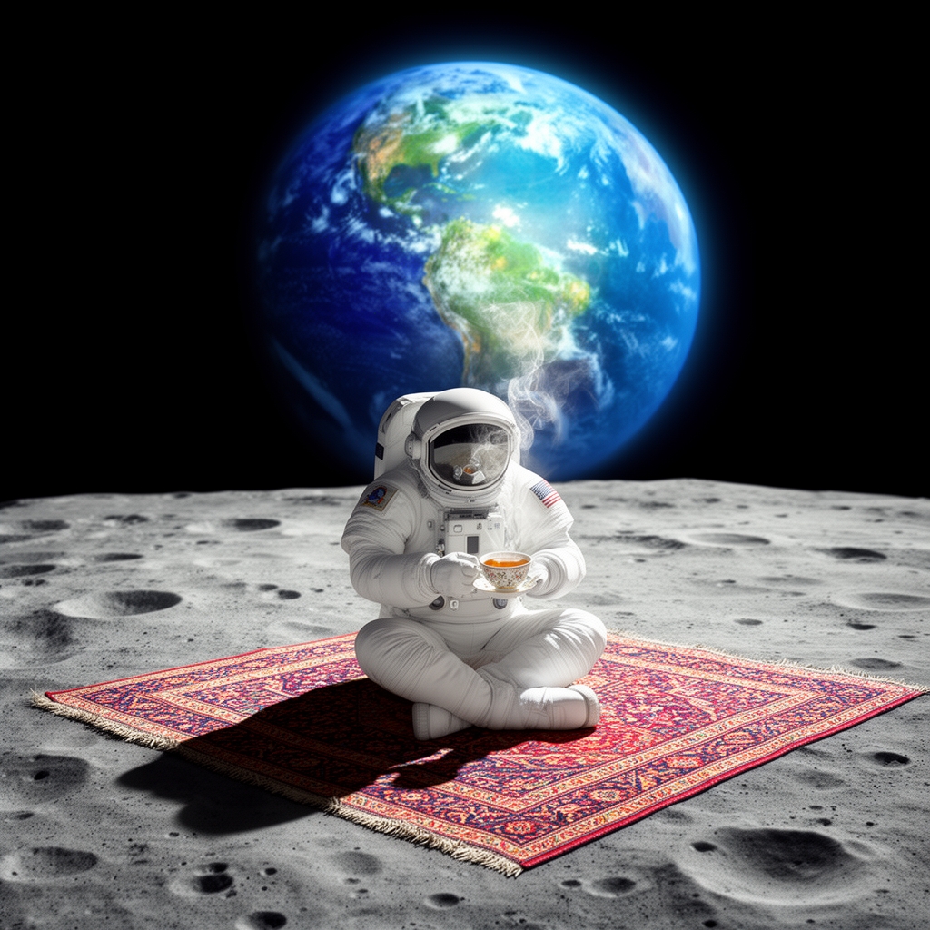 فضانوردی که روی قالیچه ایرانی وسط سطح کره ماه نشسته و چای مینوشد، کره زمین در پسزمینه دیده میشود، ترکیب طنز و سورئال.3