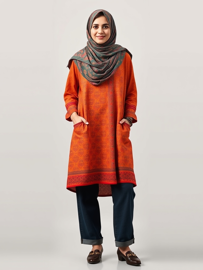 مانتو  زنانه  ایرانی تا زانو و با حجاب روسری یا مقنعه و روشن و شاد با طرح نسبتا پیچیده و شلوار کتان با رنگ تیره یا جین بلند تا روی کفش ادامه داشته باشد و کفش های متناسب مجلسی با پس زمینه مدرن22