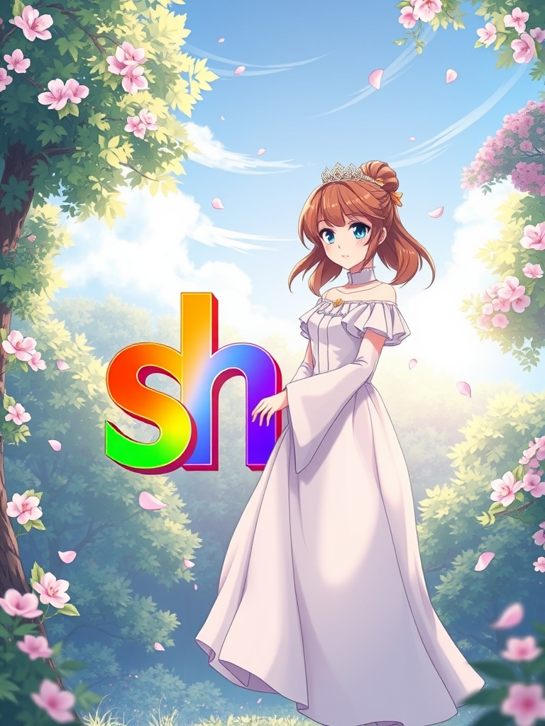  حرف sh که در جنگلی سرسبز است و یک پری بسیار زیبای دختر با لباس پرنسسی کنار آن پرواز میکند و حرف sh از رنگهای قرمز و سبز و زرد و نارنجی و آبی و بنفش و صورتی تشکیل شده و با کمی شکوفه ساکورا پوشانده شده5