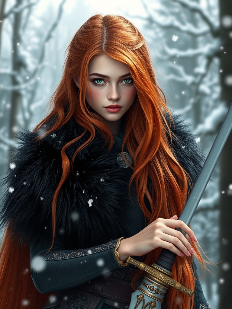 زیباترین زن جوان در جهان که با موهای قرمز رنگ بلند که دور شونههایش ریخته شده باشد و با چشمانی سبز رنگ که با پوستی سفید همچون برف داشته باشد که پالتویی از پوست روباه مشکی رنگی بر شونههایش باشد و شمشیر در دستش باشد و برف هم در حال باریدن باشد که پشت سرش جنگلی زیبا و رویایی باشد ببینیم رویایی چیکار میکنه21