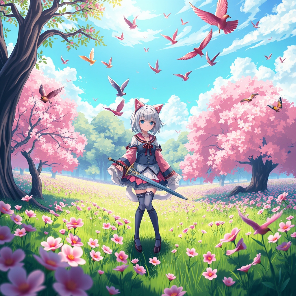 یک جای رویای که پر از گل و درخت های صورتی است و پرنده های رنگارنگ در آسمان پرواز می کند و یک دختر با لباس گربه ای در وسط آنجا است و دارد شمشیر بازی می کند و مو های سفید دارد نور پردازی شده باشه 2