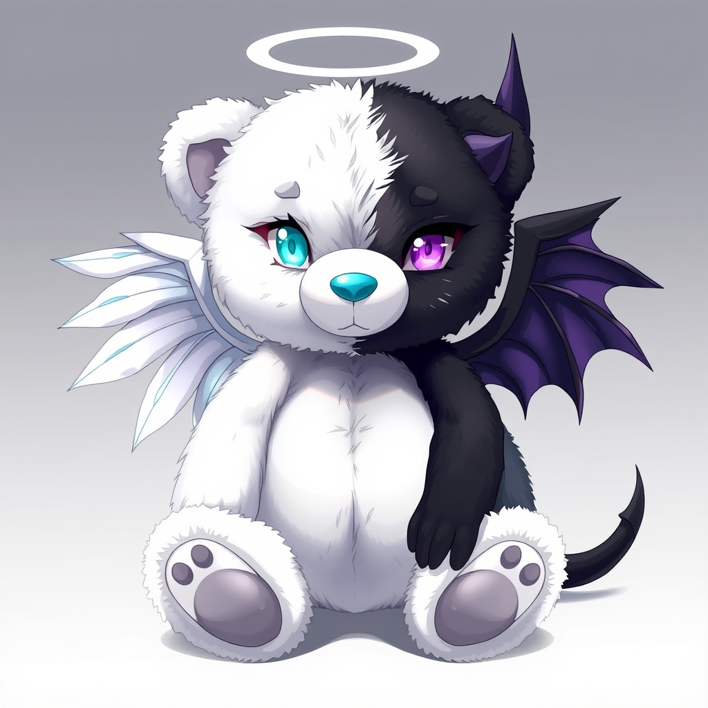 خرس عروسکی که نشسته و نصف آن فرشته است و رنگ آن سفیدوچشمانی آبی فیروزه ای و بالی سفیدوآبی و نصف دیگر آن شیطانی است که رنگ آن مشکی وبالی مشکی وبنفش دارد و چشمانش هم بنفش است 17