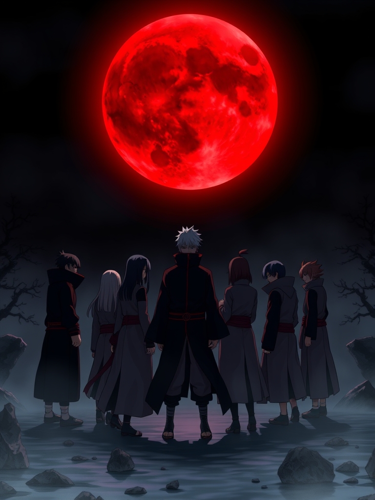شب است و ماه بزرگ قرمز در پس زمینه و گوروه اکاتسوکی آنجا چمع شدند19