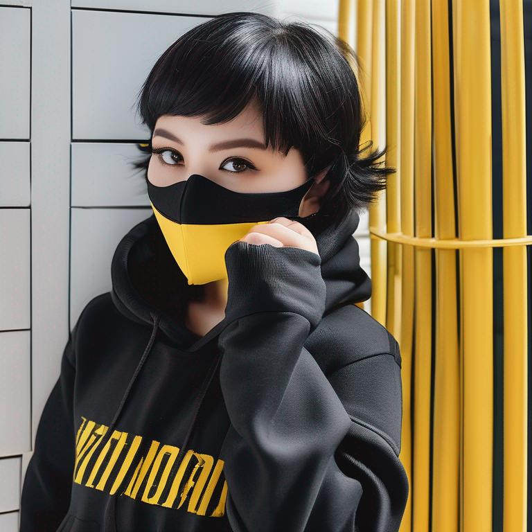 دختر با موهای کوتاه مشکی با هودی مشکی و شلوار کارگو و ماسک و چشم های زرد رنگ9