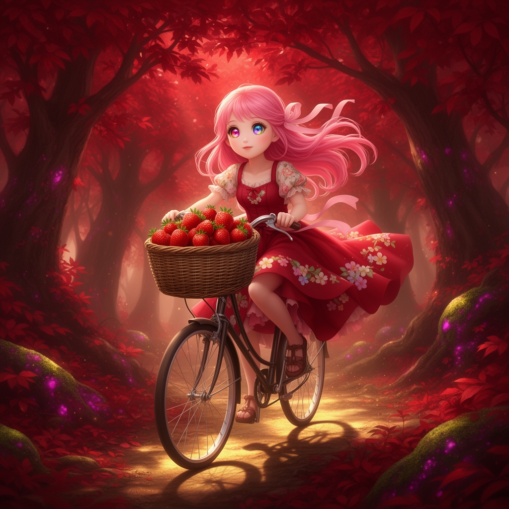 یه دختر زیبا در جنگل در جنگل قرمز با توت‌های با توت فرنگی زیبا در سبد دارد او موهای صورتی دارد لباس گل گل دارد او لباس قرمز لباس قرمز تنش دارد و موهای صورتی در سرش دارد و زیبا است و در جنگل دوچرخه بازی می‌کند چشمای رنگی دارد4