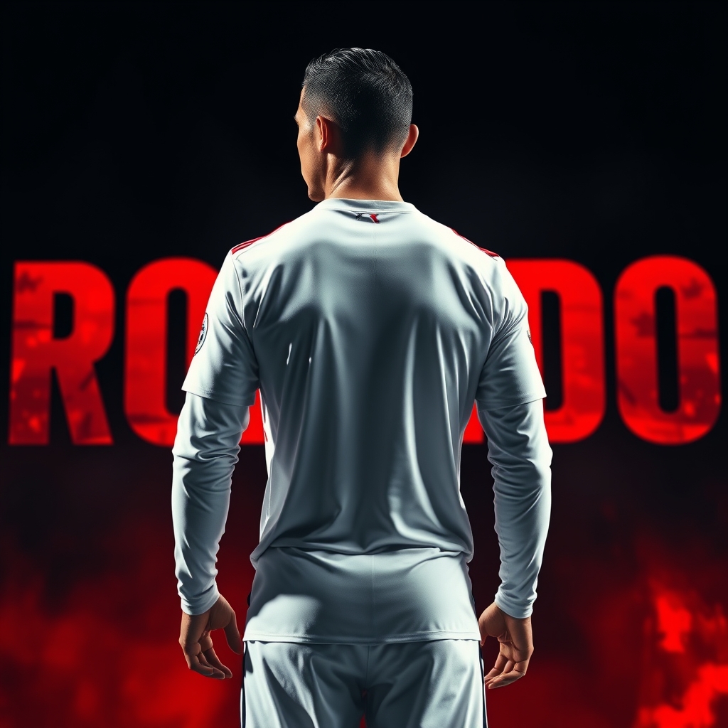 عکس رونالدو از پشت که با لباس رعالی با لباس سفید باشه که داخل یه پس زمینه سیاه هست و قرمز باشه انگار که جنگی هست و اسم رونالدو به اینگیلسی پشتش باشه
0