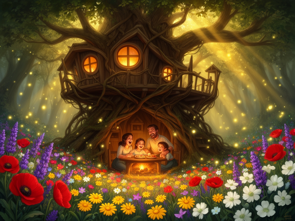 یک کلبه درختی زیبا در جنگل که اطرافش گل های زبیا هستند و یک خانواده شاد درونش زندگی می‌کنند0