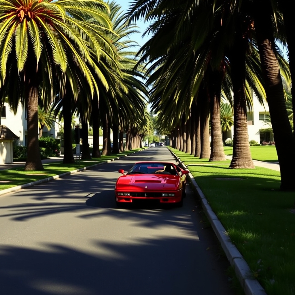 خیابانی که در کنارش چمن و در در چمن ها درخت های نخل بزرگی باشد که تنه آنها به سمت خیابان کج شده باشد سایه آن در خیابان در زاویه رو به روی دوربین یک فراری 520 قرمز پارک شده باشد و هیچ انسانی در خیابان نباشد13