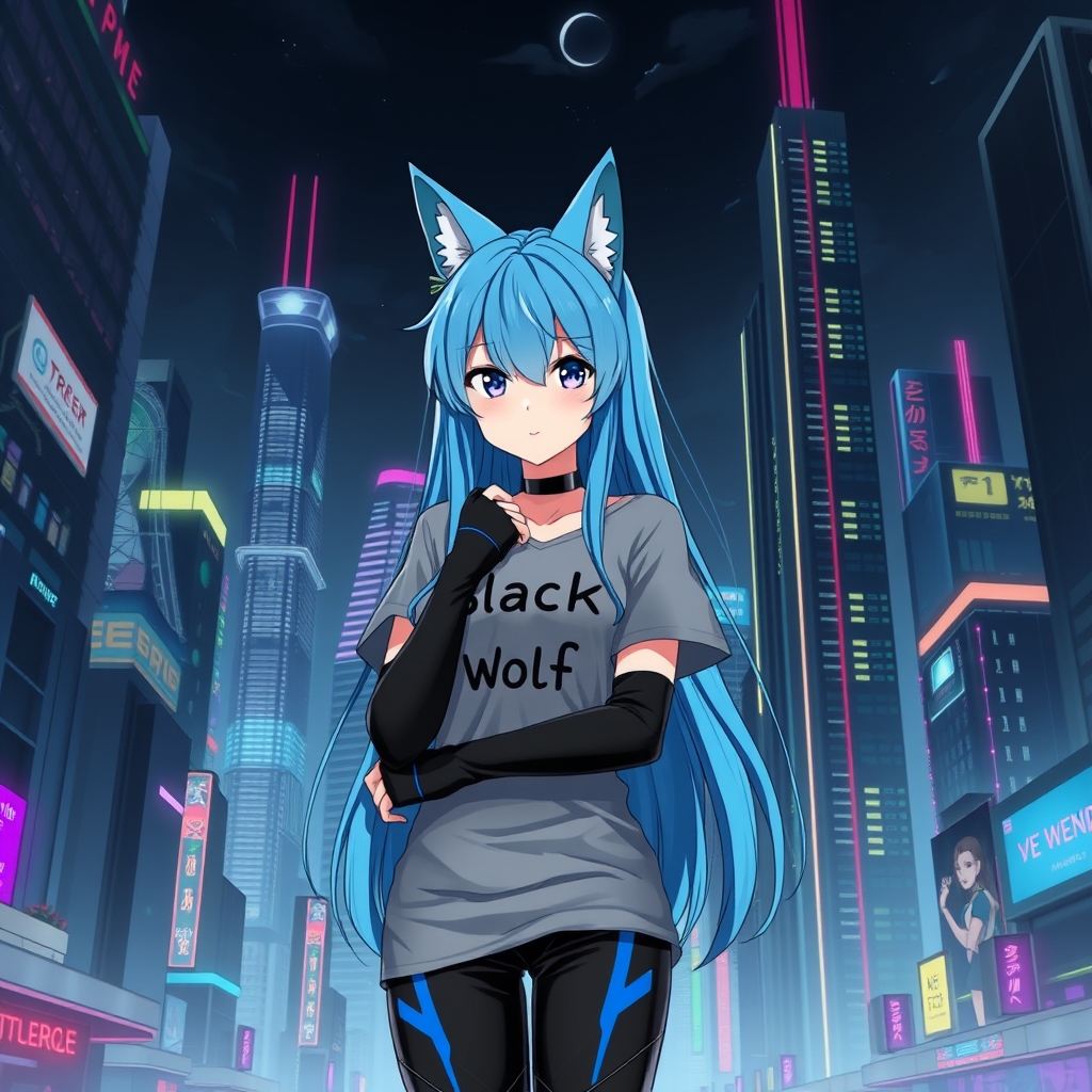 تصویر یک دختر انیمهای خیلی خوشگل را نشان میدهد که موهای بلند آبی و گوشهای گرگی دارد. فضای پسزمینه به سبک سایبرپانک طراحی شده است، با ساختمانهای بلند، چراغهای نئون و آسمانی تاریک. لباس شخصیت شامل یک تاپ خاکستری با نوشته "Black Wolf" (گرگ سیاه) و دستکش چرم مشکی انگشتی وشلوار مشکی با طرحهایی به رنگ آبی است. طراحی کلی تصویر حس مدرن و آیندهنگرانهای را القا میکند. 12