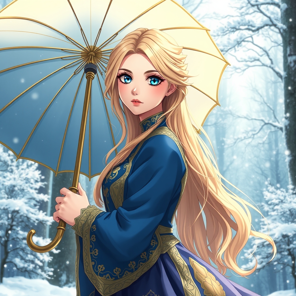 زیباترین زن جوان در جهان حتی در رویایی که شکوه خدا را داشته باشد که نظیر آن در دنیا نباشد که همه از شدت زیبایی به او سجده کنند که با چشمانی آبی رنگ که در مردمکش دریا باشد که با پوست سفید رنگ همانند ماه باشد که با لبان سرخ که با موهای طلایی رنگ بلند باشد که تاجی از طلا بر سر داشته باشد که لباس سلطنتی آستین پفی آبی طلای اکلیلی بر تن داشته باشد که در دستش چتر زیبایی باشد که پشت سرش جنگلی رویایی باشد که برف هم در حال باریدن باشد ببینیم رویایی چیکار میکنه16