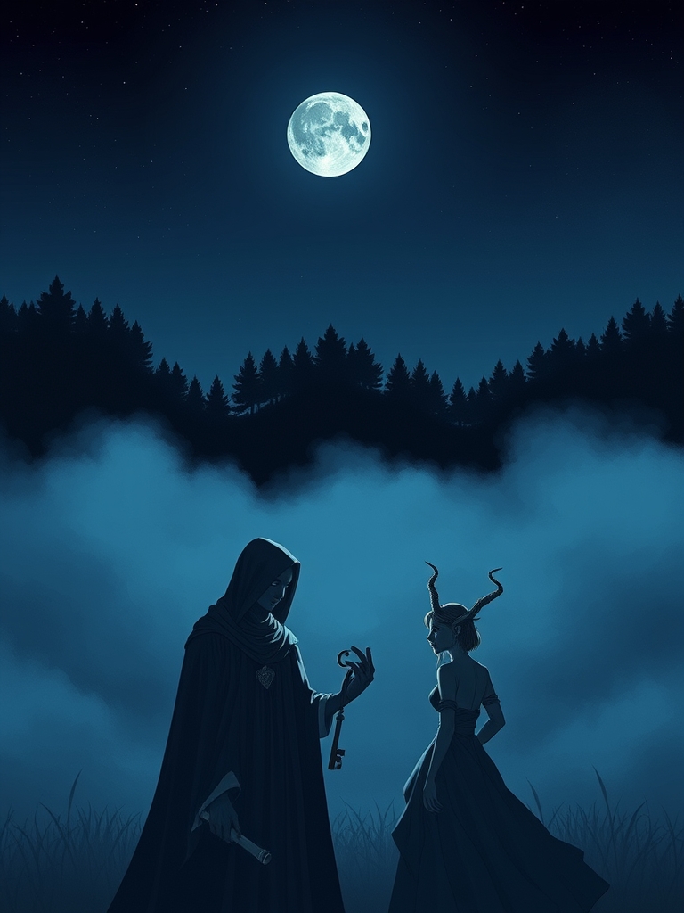 شب آغاز شد.  
  کلید در دستان کسی‌ست که چهره ندارد.  
  و جن، در گوشه‌ای، عاشقانه محافظت می‌کند.
  `11