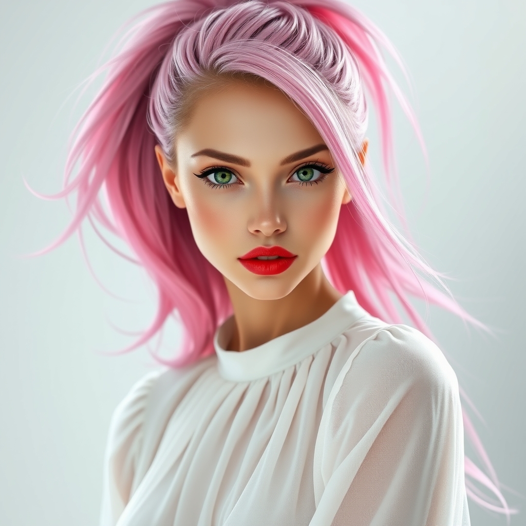 یک دختر زیبا با موهای دم اسبی و بلند صورتی
و چشم های سبز و لب های قرمز با لباس سفید11