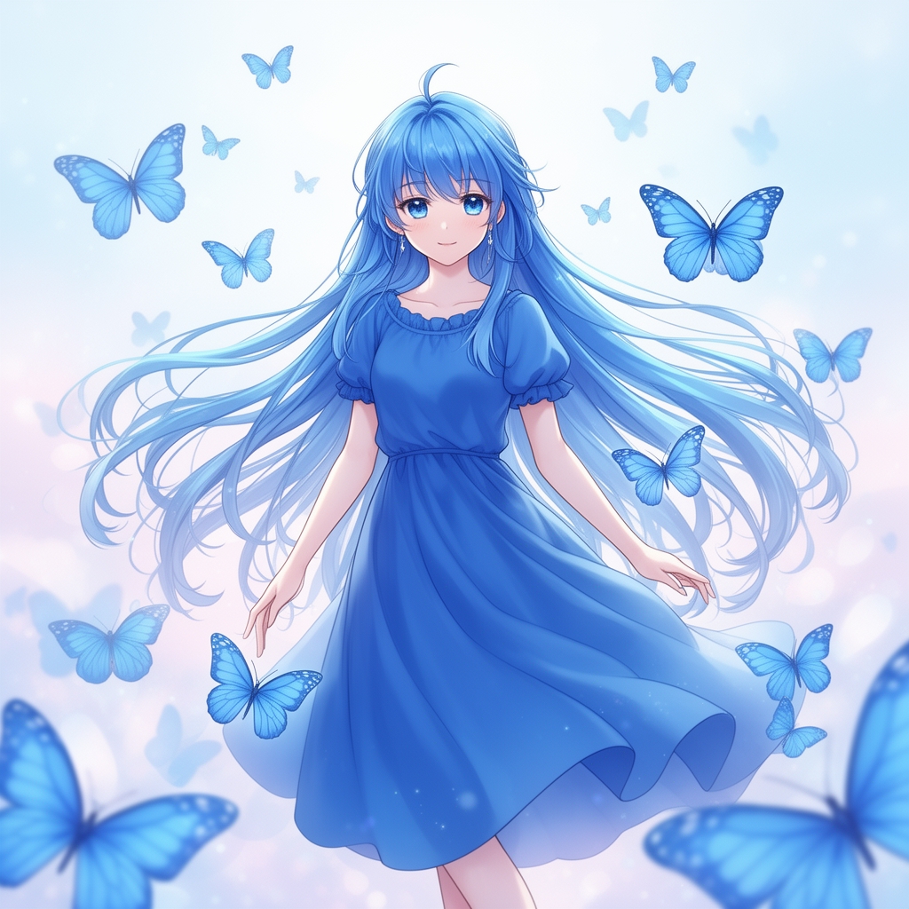 انیمه دختر زیبا با موها و لباس آبی و پروانه های آبی اطرافش
0