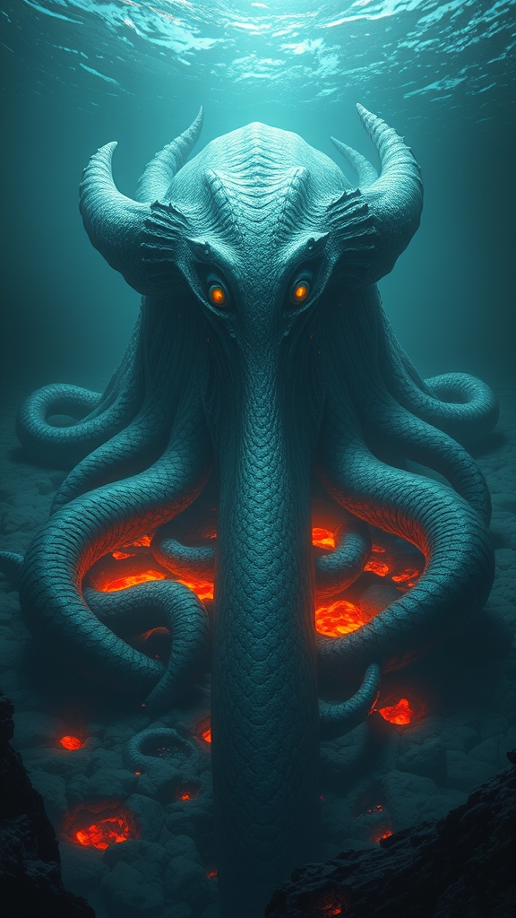 موجودی افسانه ای و خون خوار به بزرگی کشتی تایتانیک نشسته روی مواد مذاب زیر اقیانوس با ۳ سر و ۸ چشم 12