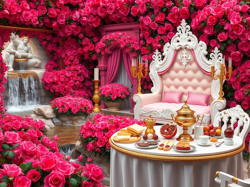 باغ گل رز سرخ و صورتی در و دیوار زمین همه جا سرتاپای باغ با رز سرخ و صورتی پوشیده شده 
آبشاران جاری اند
رودها به هم می ریزند
یک طاق گل صورتی 
یک تخت خواب سفید طلایی سلطنتی با کوسن صورتی و شمعدان های طلا پر شمع 
یک میز سفید و طلایی مجلل صبحانه 
پر نان کره خامه عسل مربا شیر میوه سیب انار انگور9