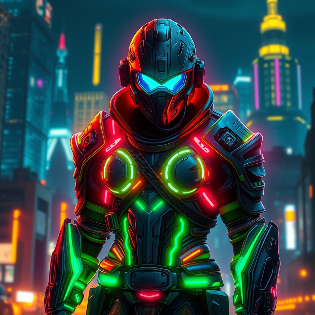 یک جنگجوی سایبرپانک آینده‌نگر با زره نئونی، ایستاده در منظره‌ای از شهر نورانی، پس‌زمینه شب، با رنگ‌های زنده و جزئیات زیاد.2