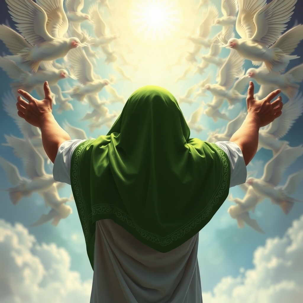 انسانی که خداوند گناهانش را بخشیده است شاد است و فرشتگان بدورش میچرخند و اورا بالا میبرند و وارد بهشت می شود از پشت که شال سبز عربی بر سر داد 17