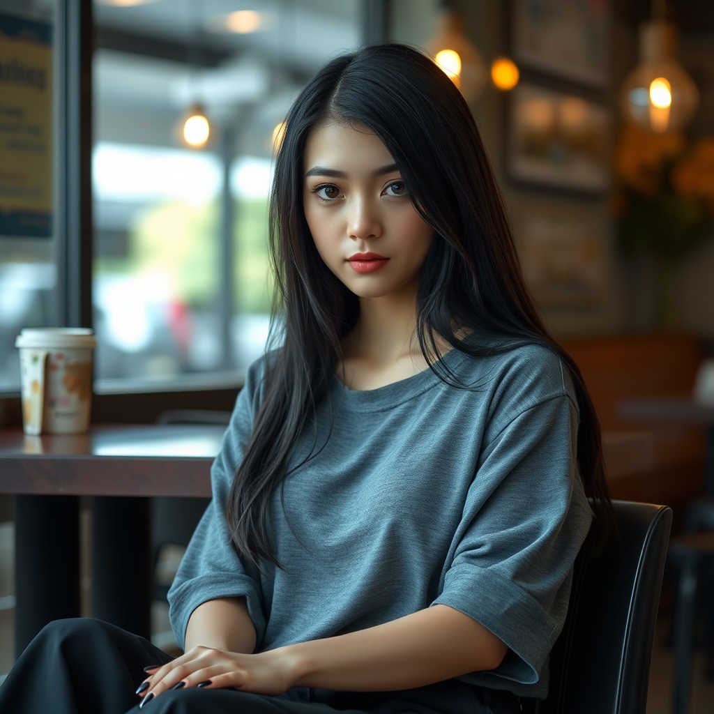 دختری زیبا با چشمان یخی با موهای پر کلاغی و ناخن های سیاه بلند و لباس طوسی کوتاه با شلواره بگ مشکی پر رنگ در کافه 14