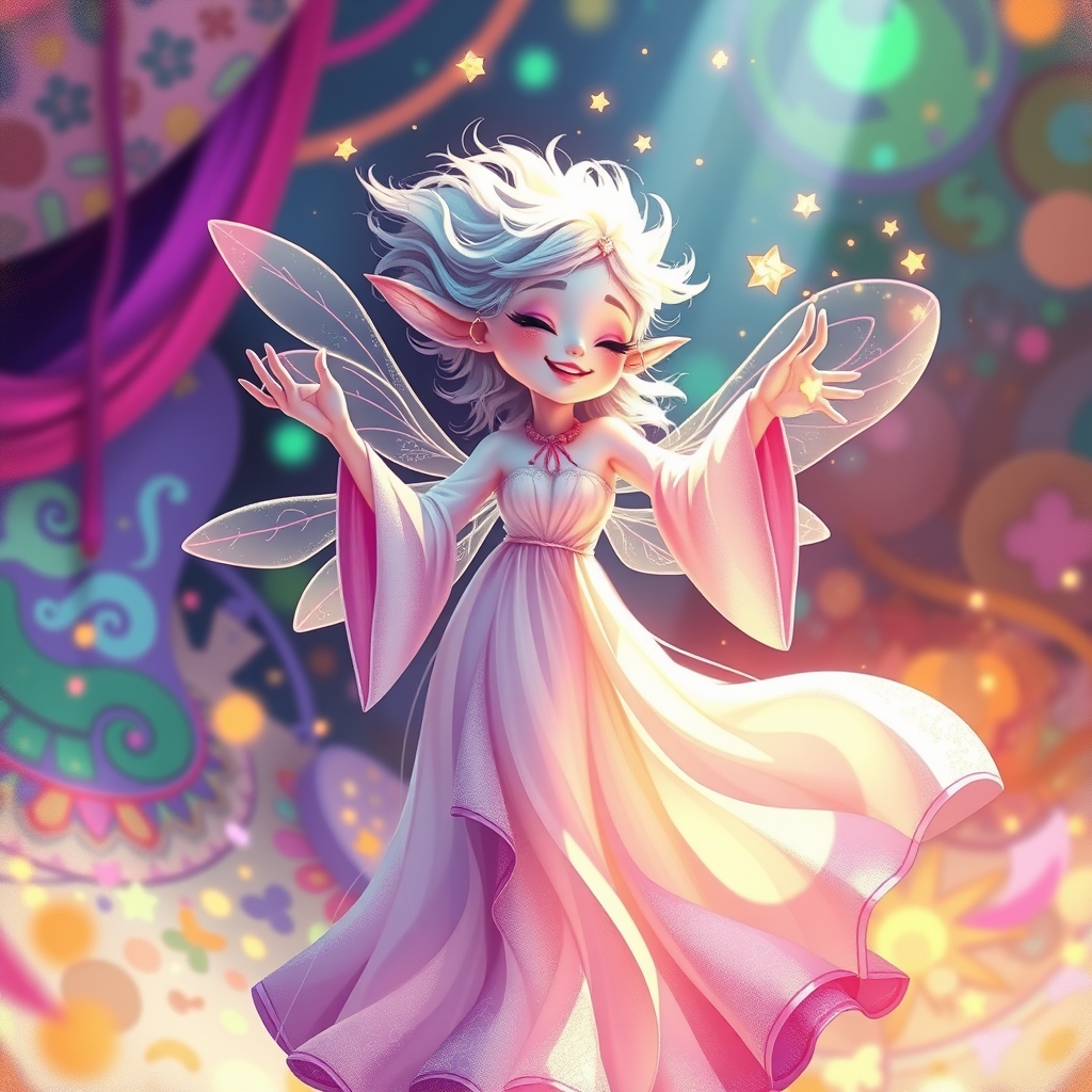 تصویر بساده و شاد پ رنگارنگ یک روح جذاب و زیبا و شاد در حال جادو کردن و دوختن لباس هایی زیبا در فضایی شاد و رنگارنگ19