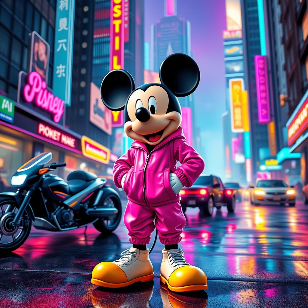 The image features a vibrant and colorful depiction of Mickey Mouse in a futuristic cityscape with neon lights and tall buildings. Mickey is dressed in a pink tracksuit and is standing on a wet street, with several vehicles and neon signs in the background.3