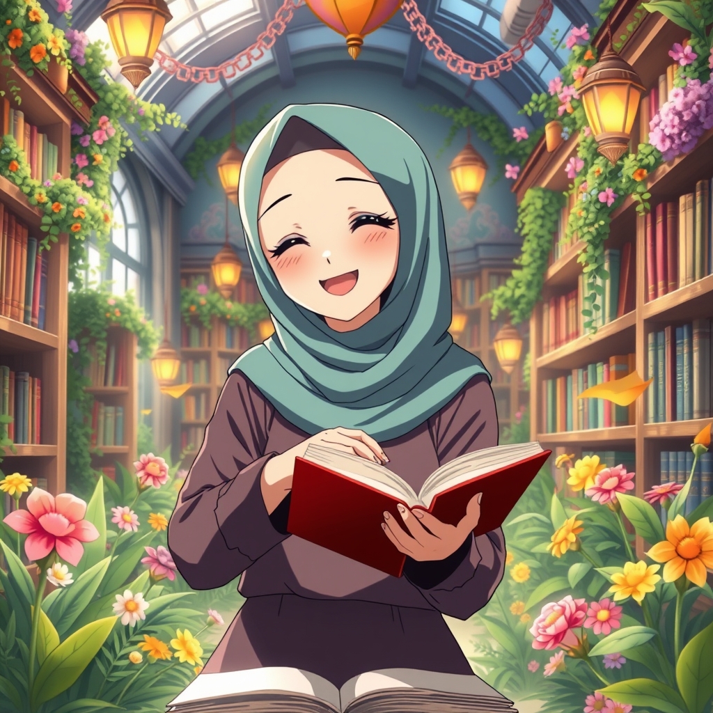 یک دختر نوجوان باحجاب و محجبه در کتاب خانه ای جادوگری پر از گل و گیاه و رنگ های شاد لباس شاد در حال برداشتن کتاب 6