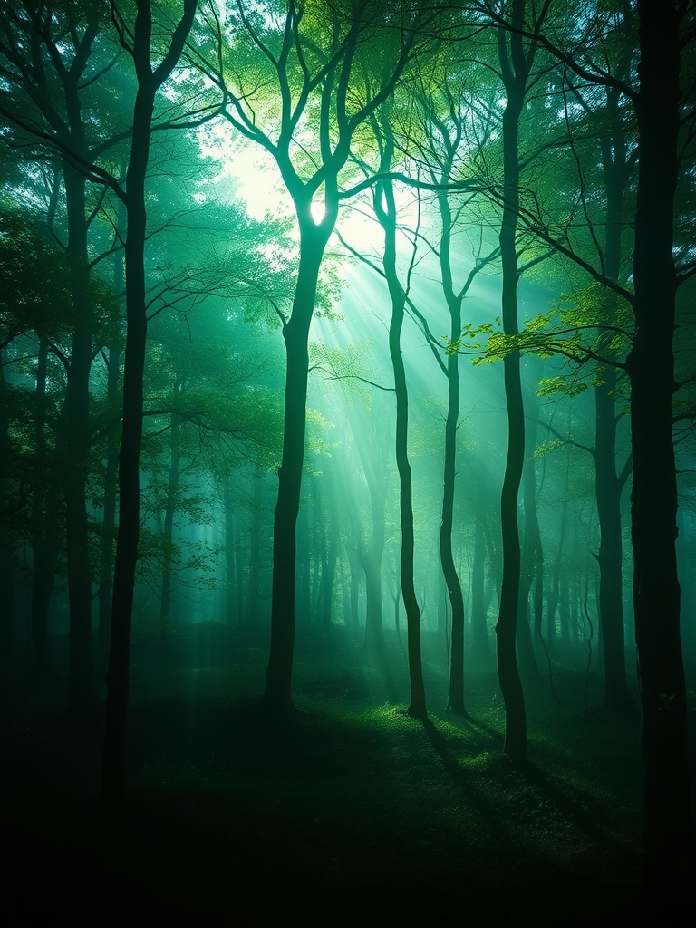 یک جنگل اسرارآمیز با درختانی از جنس نور، که با سایه‌های سبز و آبی به نرمی می‌درخشند
16