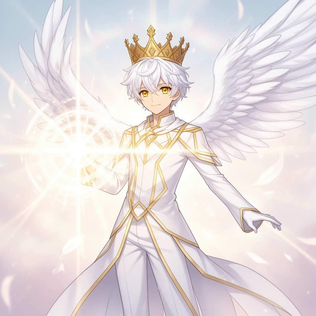 پسر الف با چشمان طلاییی بال های سفید وموهای سفید  که نوجادو اش نور باشد ویک تاج در سر خود داشته باشد5