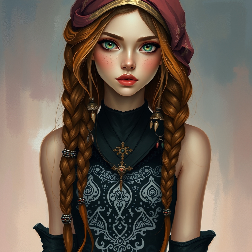 نقاشی ابستره از یک زن جوان زیبا با موهای بلوطی رنگ بلند که موهاش رو از کف سر چهل گیس بافته و به رشته های گیس شده مهره های تزیینی زده با یک پیراهن بندی بدون استین مشکی با طرح های بوهیمیون سفید و بوت های تا مچ پای مشکی، چشم های سبز تیله ای، کک و مک، لبهای گوشتی زیبا 19