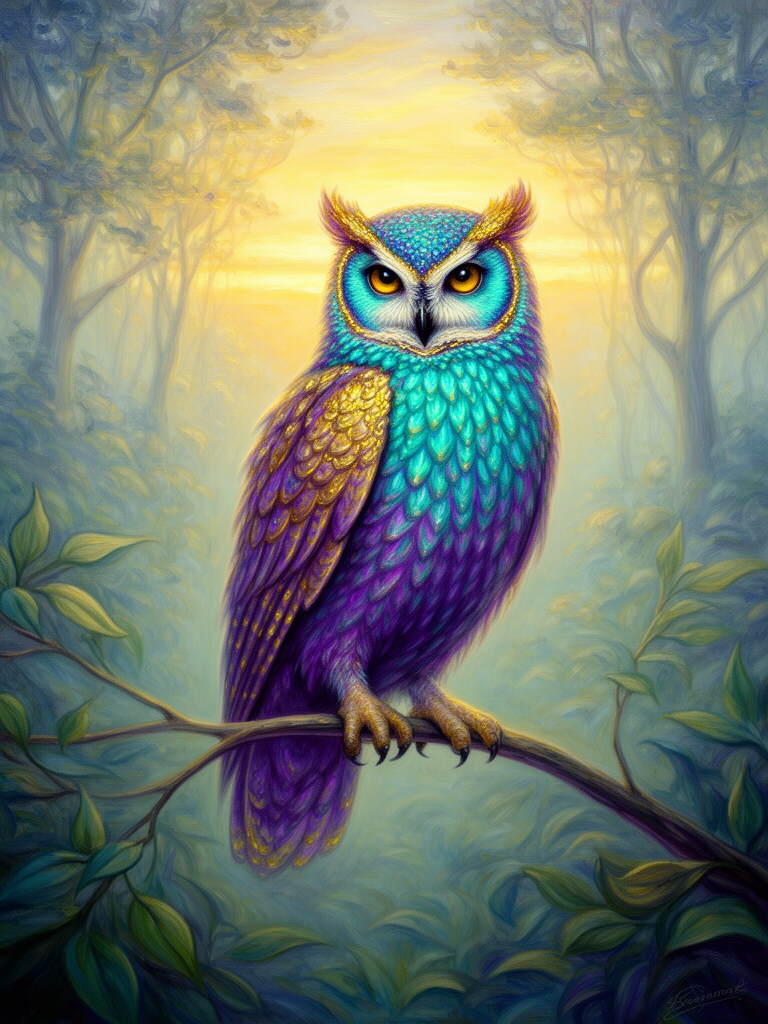 یک جغد  زیبا و با رنگ های کمیاب در طبیعت زیبا بر شاخه ای نشته اس به سبک پست امپرسیونیسم 2