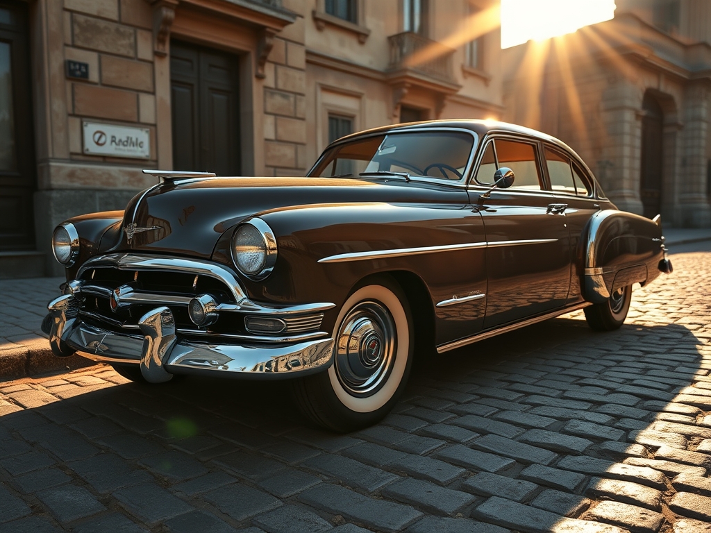 یک خودروی کلاسیک قدیمی با درخشش فلزی، پارک‌شده روی خیابانی سنگ‌فرش.2